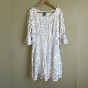 Rabbit Rabbit White Lace Fit And Flare 3/4 Sleeve Bell Sleeve